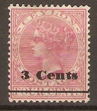 Ceylon 1892 3c on 4c Rosy mauve. SG241.